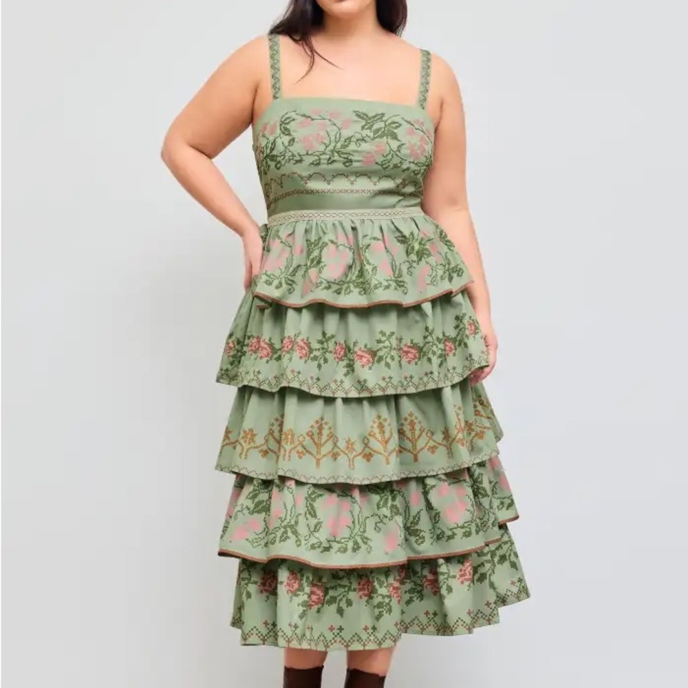 Cider Sage Green Tiered Midi Dress with Pink Floral Embroidery